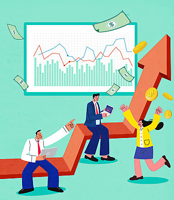전신 여자 남자 화살표 지폐 돈 일러스트 그래프 서기 들기 앉기 세명 노트북 동전 만세 주식 꺾은선그래프 민트색 주가상승 주식표 투자자 주린이 국내일러스트 AI파일 컬러 모션 사람 금융 전자제품 재산 투자 상승 신조어 파일형식 벡터