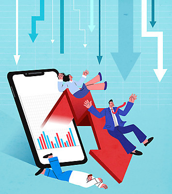 전신 여자 남자 화살표 하늘색 일러스트 성인 세명 스마트폰 미끄러짐 주식 주가하락 주식표 투자자 성인만 국내일러스트 AI파일 모션 사람 금융 파란색 핸드폰 스마트기기 하락 투자 파일형식 벡터