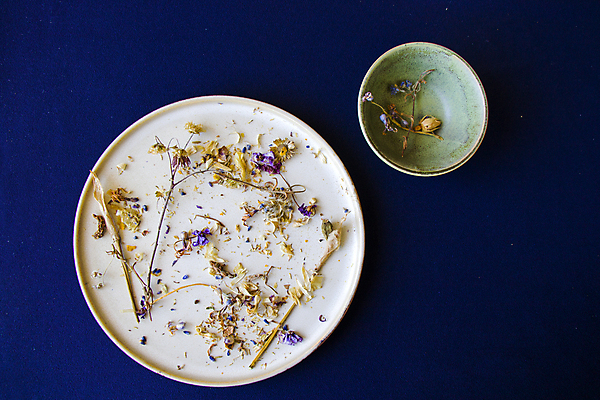 포토 JPG 해외이미지 그릇 접시 꽃잎 건조 쟁반 사람없음 하이앵글 찻잎 허브차 남색배경 해외포토 식기 꽃 뷰포인트 백그라운드 차_음료 남색 파일형식