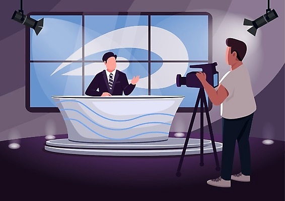 EPS 해외이미지 전신 남자 일러스트 서기 앉기 상반신 성인 두명 카메라 뉴스 아나운서 카메라맨 방송 스포트라이트 방송국 성인남자만 뉴스룸 해외일러스트 직업 모션 사람 전자제품 사진사 남자만 성인만 파일형식 벡터