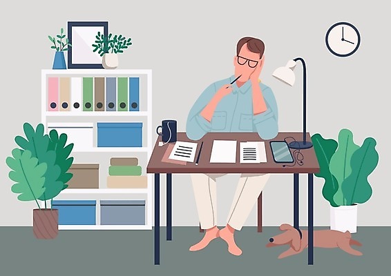 EPS 해외이미지 전신 한마리 남자 화분 종이 일러스트 한명 앉기 성인 취미 펜 스탠드 기록 강아지 작가 책상 고민 싱글라이프 성인남자한명만 안경낌 해외일러스트 직업 1 라이프스타일 감정 안경 가구 모션 조명 사람 반려동물 필기구 개 남자한명만 성인남자만 파일형식 벡터