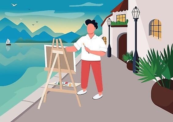 EPS 해외이미지 전신 남자 일러스트 미술 한명 서기 들기 성인 취미 해변 건물 붓 그리기 이젤 싱글라이프 성인남자한명만 해외일러스트 1 라이프스타일 건축물 바다 모션 문화예술 사람 미술도구 남자한명만 성인남자만 파일형식 벡터