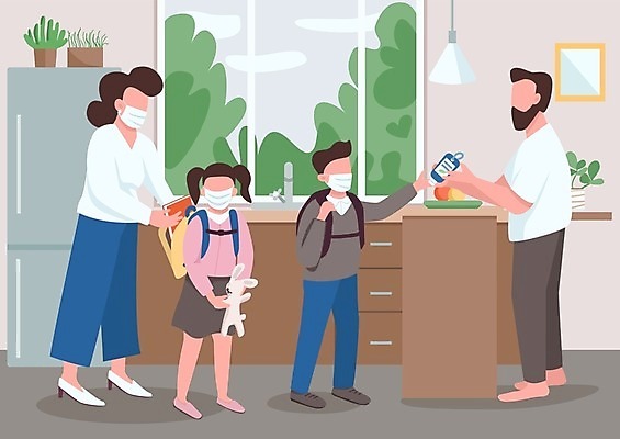 EPS 해외이미지 전신 여자 남자 딸 아들 어린이 일러스트 엄마 아침 책가방 마스크 서기 들기 소년 여러명 성인 가족라이프 아빠 등교 냉장고 토끼인형 코로나바이러스 포스트코로나 델타변이바이러스 위드코로나 해외일러스트 주간 라이프스타일 인형 다수 가방 가족 모션 사람 가전제품 토끼 바이러스 사회이슈 등하교 파일형식 벡터