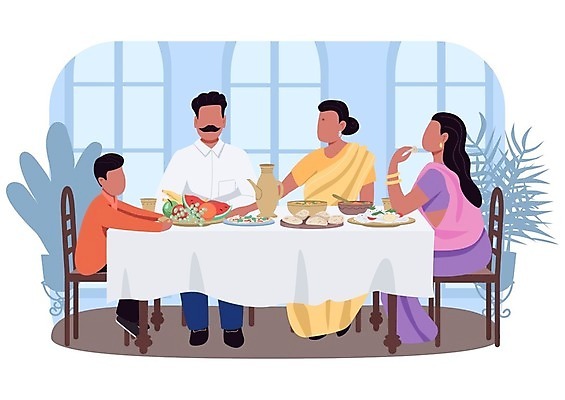 EPS 해외이미지 전신 여자 남자 딸 아들 어린이 의자 일러스트 식탁 엄마 앉기 소년 여러명 성인 식사 가족라이프 아빠 인도인 인도음식 동남아음식 해외일러스트 외국인 라이프스타일 음식 가구 다수 가족 모션 탁자 사람 동양인 동양음식 파일형식 벡터