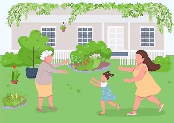 EPS 해외이미지 전신 여자 노년 딸 할머니 어린이 일러스트 엄마 손녀 주택 성인 세명 달리기 가족라이프 환영 여자만 해외일러스트 라이프스타일 가족 모션 사람 건물 손주 파일형식 벡터