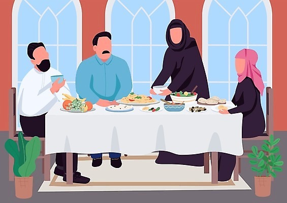 EPS 해외이미지 전신 부부 여자 남자 화분 의자 일러스트 창문 식탁 잔 들기 앉기 여러명 성인 식사 가족라이프 이슬람교 아랍 성인만 해외일러스트 라이프스타일 식기 커플 종교 가구 다수 가족 모션 탁자 사람 파일형식 벡터