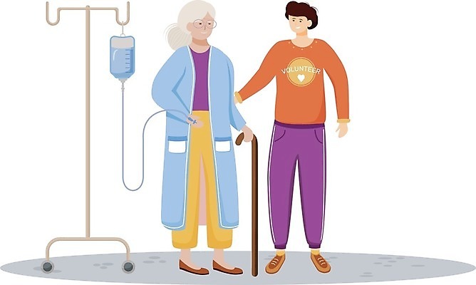 EPS 해외이미지 전신 여자 노년 남자 할머니 일러스트 지팡이 서기 들기 성인 두명 봉사 자원봉사자 간호 돌봄 해외일러스트 모션 사람 도움 파일형식 벡터