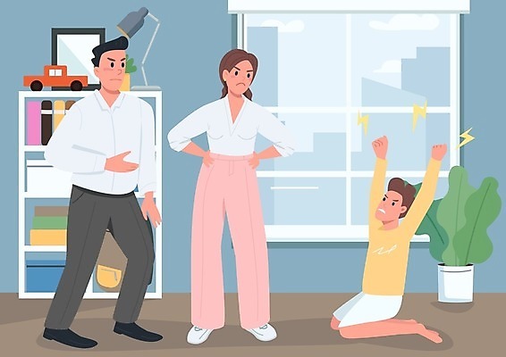 EPS 해외이미지 전신 여자 남자 화분 아들 어린이 허리손 일러스트 창문 엄마 책장 서기 앉기 소년 여러명 성인 세명 손들기 분노 가족라이프 아빠 갈등 벌서기 해외일러스트 라이프스타일 감정 포즈 가구 다수 가족 모션 사람 체벌 파일형식 벡터