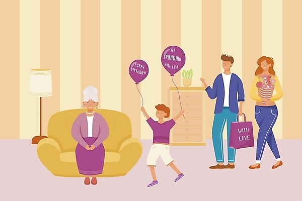 EPS 해외이미지 전신 기념일 노년 할머니 어린이 꽃다발 일러스트 가족 손자 선물 서기 들기 앉기 소년 여러명 성인 소파 쇼핑백 노란색 파티 가족라이프 풍선 해외일러스트 라이프스타일 여자 남자 꽃 컬러 다수 의자 가방 관계 모션 사람 이벤트 손주 파일형식 벡터