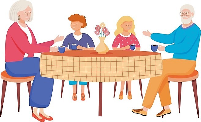 EPS 해외이미지 전신 여자 할아버지 노년 남자 화분 할머니 어린이 일러스트 식탁 들기 앉기 소년 여러명 눈감음 가족라이프 찻잔 손주 조부모 해외일러스트 라이프스타일 다수 가족 모션 탁자 잔 사람 성인 파일형식 벡터