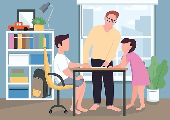 EPS 해외이미지 전신 여자 남자 딸 아들 어린이 일러스트 창문 가족 서기 앉기 소년 성인 세명 턱괴기 가리킴 가족라이프 가르침 아빠 책상 과제 해외일러스트 라이프스타일 교육 가구 관계 모션 사람 손짓 파일형식 벡터