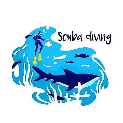 EPS 해외이미지 전신 스포츠 일러스트 어류 한명 사람 타이포그라피 취미 건강관리 바닷속 잠수 스쿠버다이빙 상어 잠수복 스쿠버다이버 해외일러스트 문자 1 옷 건강 관리 수중 수중동물 수상스포츠 파일형식 벡터