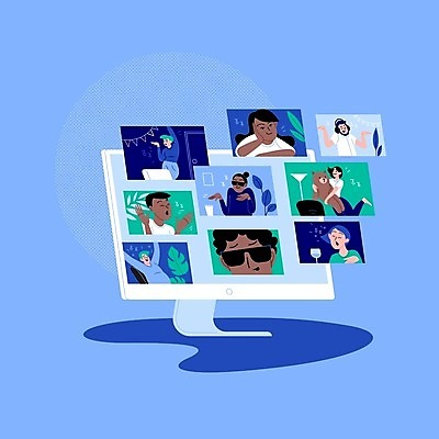 EPS 해외이미지 여자 남자 일러스트 모바일 들기 사람 여러명 성인 파란색 선글라스 파티 스크린 모니터 곰인형 모임 축하 춤 재택근무 온라인 성인만 언택트 온택트 랜선라이프 해외일러스트 라이프스타일 안경 인형 컬러 다수 컨셉 비즈니스 모션 문화예술 이벤트 컴퓨터 파일형식 벡터