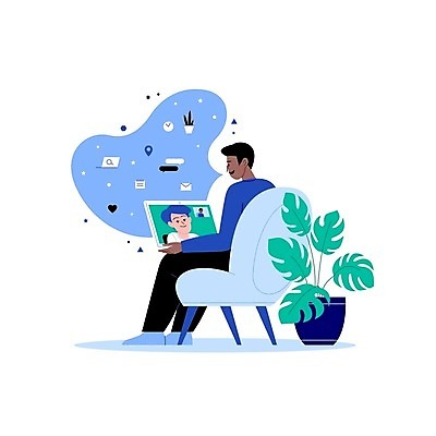 EPS 해외이미지 남자 화분 의자 일러스트 모바일 들기 사람 앉기 성인 두명 파란색 노트북 스크린 재택근무 화상통화 성인남자만 언택트 온택트 랜선라이프 해외일러스트 라이프스타일 컬러 가구 비즈니스 모션 전자제품 통화 남자만 성인만 파일형식 벡터