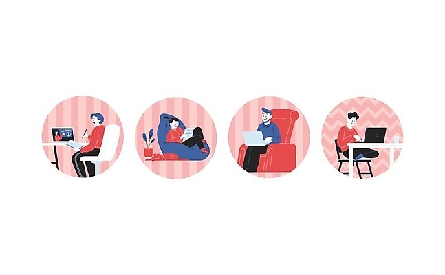 EPS 해외이미지 식물 여자 남자 분홍색 일러스트 탁자 모바일 주택 사람 앉기 여러명 성인 반려동물 재택근무 화상통화 성인만 언택트 온택트 랜선라이프 해외일러스트 동물 라이프스타일 컬러 가구 다수 비즈니스 모션 건물 통화 파일형식 벡터