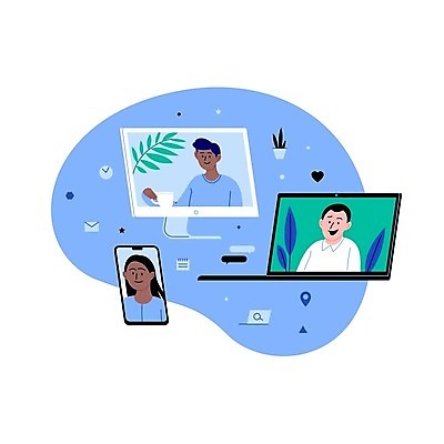 EPS 해외이미지 여자 남자 일러스트 모바일 사람 성인 파란색 노트북 스마트폰 스크린 모니터 재택근무 화상통화 성인만 언택트 온택트 랜선라이프 해외일러스트 라이프스타일 컬러 비즈니스 전자제품 핸드폰 스마트기기 컴퓨터 통화 파일형식 벡터