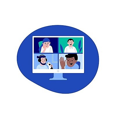 EPS 해외이미지 여자 남자 일러스트 모바일 사람 여러명 성인 파란색 스크린 모니터 인사 재택근무 화상통화 성인만 언택트 온택트 해외일러스트 컬러 다수 비즈니스 컴퓨터 예절 통화 파일형식 벡터