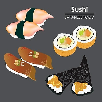 EPS 해외이미지 일러스트 사람없음 검은색 초밥 고추냉이 누드김밥 캘리포니아롤 일본음식 해외일러스트 음식 컬러 양념 김밥 파일형식 벡터