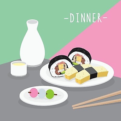 EPS 해외이미지 접시 술잔 일러스트 젓가락 술병 사람없음 저녁식사 계란초밥 노리마끼 당고 해외일러스트 식기 병_용기 잔 주류 수저 식사 초밥 파일형식 벡터