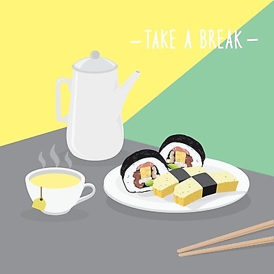 EPS 해외이미지 접시 일러스트 티타임 타이포그라피 사람없음 찻잔 찻주전자 김밥 나무젓가락 계란초밥 해외일러스트 문자 식기 음식 젓가락 주전자 휴식 잔 초밥 파일형식 벡터