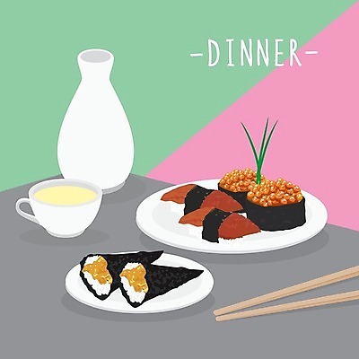 EPS 해외이미지 접시 술잔 일러스트 젓가락 술병 사람없음 저녁식사 알초밥 군함말이초밥 성게알 연어알 장어초밥 해외일러스트 식기 병_용기 잔 주류 수저 알 식사 초밥 파일형식 벡터