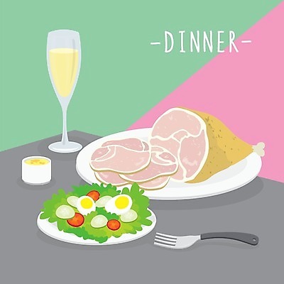 EPS 해외이미지 접시 포크 일러스트 방울토마토 오이 육류 사람없음 계란 저녁식사 샐러드 샴페인 샴페인잔 슬라이스 해외일러스트 식기 음식 토마토 채소 술잔 식재료 주류 알 식사 파일형식 벡터