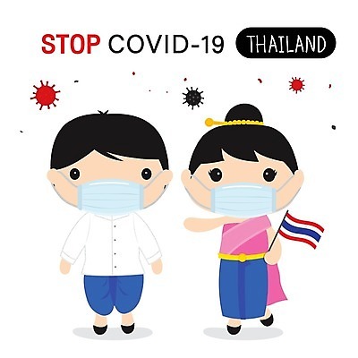 EPS 해외이미지 전신 여자 남자 어린이 일러스트 태국 마스크 서기 들기 소년 두명 태국국기 태국전통의상 코로나바이러스 델타변이바이러스 해외일러스트 아시아 모션 사람 바이러스 국기 전통의상 파일형식 벡터
