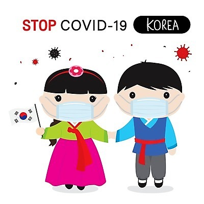 EPS 해외이미지 전신 여자 남자 어린이 일러스트 마스크 서기 들기 소년 두명 손잡기 태극기 한복 코로나바이러스 델타변이바이러스 해외일러스트 한국전통 모션 사람 바이러스 국기 전통의상 파일형식 벡터