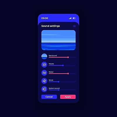 EPS 해외이미지 바다 일러스트 모바일 사람없음 파란색 스마트폰 어플리케이션 볼륨 UI 환경설정 해외일러스트 컬러 핸드폰 스마트기기 설정 파일형식 벡터
