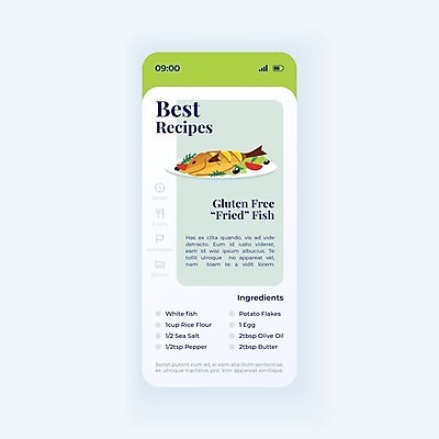 EPS 해외이미지 접시 음식 일러스트 모바일 어류 사람없음 스마트폰 어플리케이션 레시피 UI 해외일러스트 식기 핸드폰 스마트기기 수중동물 파일형식 벡터