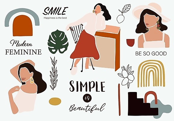 EPS 해외이미지 전신 여자 일러스트 추상 나뭇잎 성인 타이포그라피 세명 성인여자만 해외일러스트 문자 잎 무늬 사람 여자만 성인만 파일형식 벡터