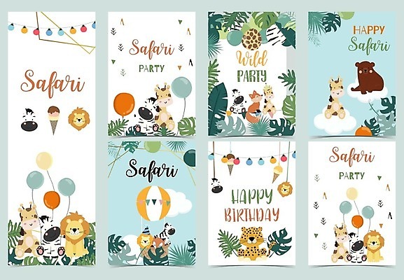 EPS 해외이미지 백그라운드 일러스트 곰 아이스크림 타이포그라피 사람없음 세트 원숭이 사자 기린 여우 얼룩말 풍선 열대잎 파스텔톤 해외일러스트 동물 문자 컬러 잎 포유류 디저트 말_동물 파일형식 벡터