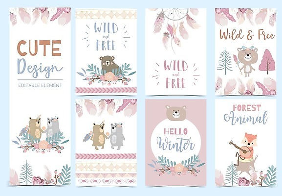 EPS 해외이미지 기념일 꽃 분홍색 백그라운드 여러마리 일러스트 곰 나뭇잎 타이포그라피 사람없음 세트 기타 깃털 여우 드림캐쳐 해외일러스트 식물 동물 문자 컬러 다수 잎 포유류 현악기 이벤트 장식 파일형식 벡터