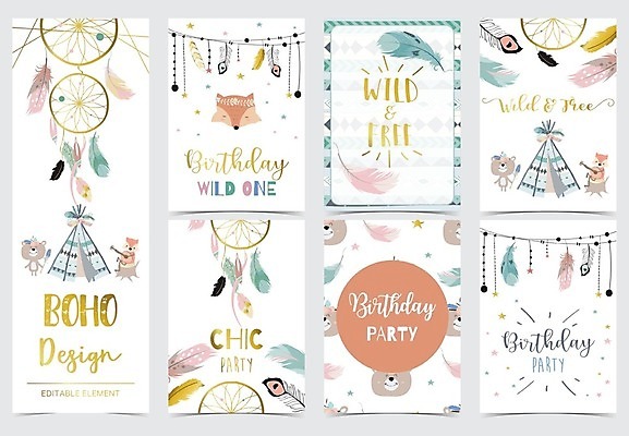 EPS 해외이미지 백그라운드 여러마리 일러스트 곰 텐트 타이포그라피 사람없음 세트 흰색 기타 생일파티 생일 깃털 여우 드림캐쳐 해외일러스트 동물 문자 기념일 컬러 다수 포유류 현악기 캠핑도구 장식 파일형식 벡터