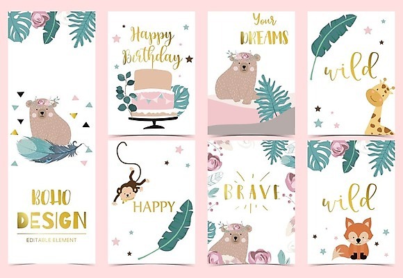 EPS 해외이미지 꽃 분홍색 백그라운드 여러마리 일러스트 곰 타이포그라피 사람없음 세트 케이크 원숭이 생일 기린 여우 열대잎 해외일러스트 식물 동물 문자 기념일 컬러 다수 잎 포유류 디저트 파일형식 벡터