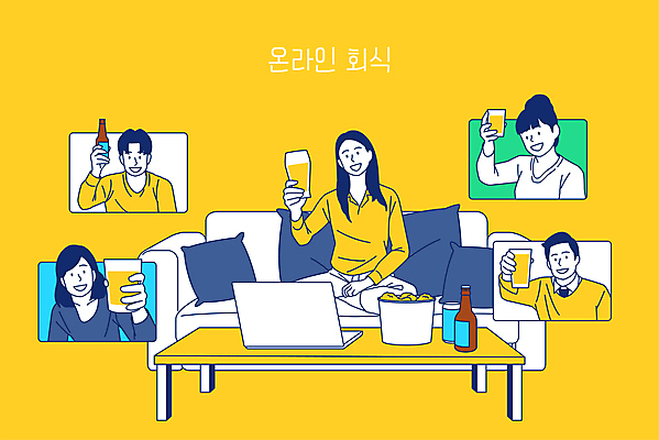 전신 여자 남자 일러스트 탁자 모바일 맥주 들기 앉기 여러명 상반신 성인 노트북 소파 노란색 안주 온라인 영상통화 화상통화 회식 성인만 언택트 온택트 랜선라이프 온라인파티 국내일러스트 AI파일 라이프스타일 컬러 가구 다수 의자 모션 주류 사람 전자제품 식사 통화 파일형식 벡터