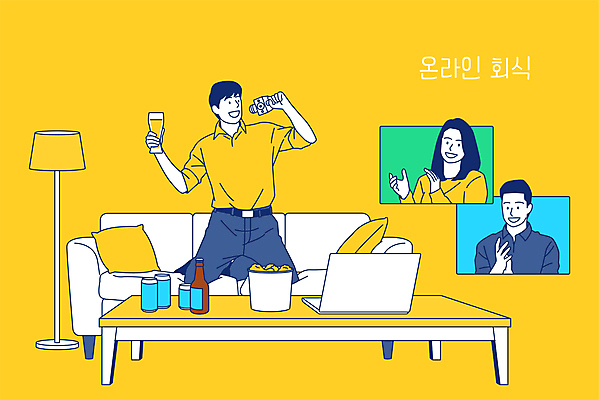 전신 여자 남자 일러스트 노래 탁자 모바일 맥주 들기 앉기 상반신 성인 세명 노트북 소파 노란색 스탠드 무릎꿇기 박수 마이크 맥주잔 온라인 영상통화 화상통화 회식 성인만 언택트 온택트 랜선라이프 온라인파티 국내일러스트 AI파일 라이프스타일 음악 컬러 음향기기 가구 술잔 의자 모션 조명 주류 사람 손짓 전자제품 식사 통화 파일형식 벡터