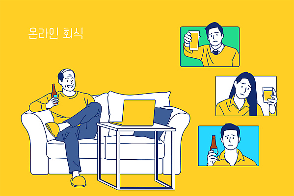 전신 여자 남자 중년 일러스트 탁자 모바일 맥주 들기 앉기 여러명 상반신 성인 노트북 소파 노란색 상사 맥주잔 온라인 영상통화 화상통화 회식 불편함 언택트 온택트 랜선라이프 국내일러스트 AI파일 라이프스타일 컬러 가구 다수 술잔 의자 비즈니스 모션 주류 사람 전자제품 식사 감각 통화 파일형식 벡터