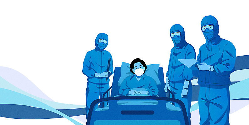 PSD 여자 남자 일러스트 마스크 서기 들기 여러명 상반신 성인 파란색 눕기 진료 환자 의료진 병원침대 성인만 코로나바이러스 방역복 팬데믹 델타변이바이러스 국내일러스트 직업 옷 컬러 다수 의학 모션 사람 침대 바이러스 방역 파일형식