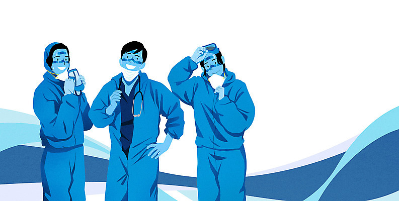 PSD 여자 남자 일러스트 고글 마스크 웃음 들기 상반신 성인 세명 파란색 의료진 벗기 힘듦 성인만 코로나바이러스 방역복 팬데믹 델타변이바이러스 국내일러스트 직업 옷 컬러 컨셉 의학 모션 표정 사람 바이러스 방역 파일형식