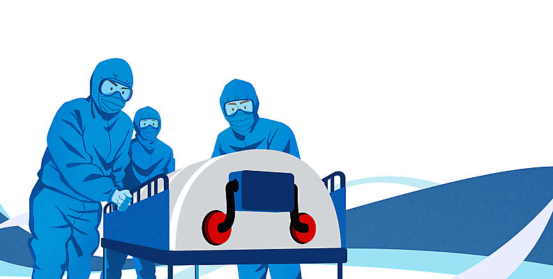 PSD 여자 남자 일러스트 상반신 성인 세명 파란색 환자 의료진 병원침대 이송 환자수송 성인만 코로나바이러스 방역복 팬데믹 델타변이바이러스 국내일러스트 직업 옷 컬러 의학 사람 침대 바이러스 방역 파일형식