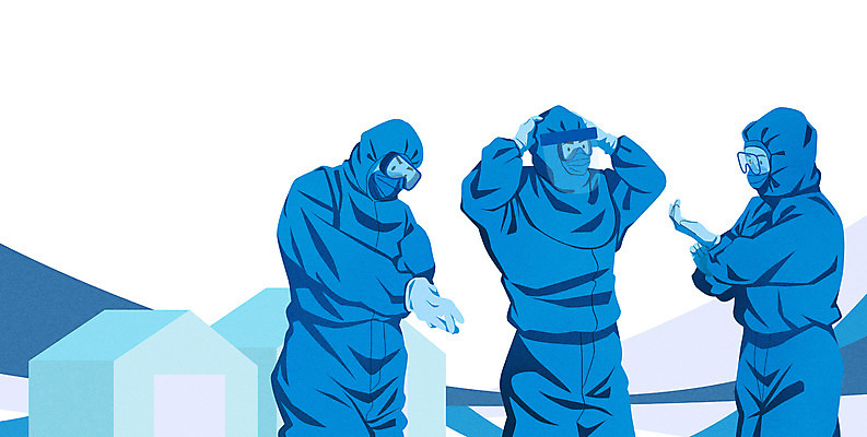 PSD 여자 남자 일러스트 상반신 성인 세명 파란색 의료진 옷입기 성인만 코로나바이러스 방역복 팬데믹 선별진료소 델타변이바이러스 국내일러스트 직업 옷 컬러 의학 모션 사람 진료 바이러스 방역 파일형식