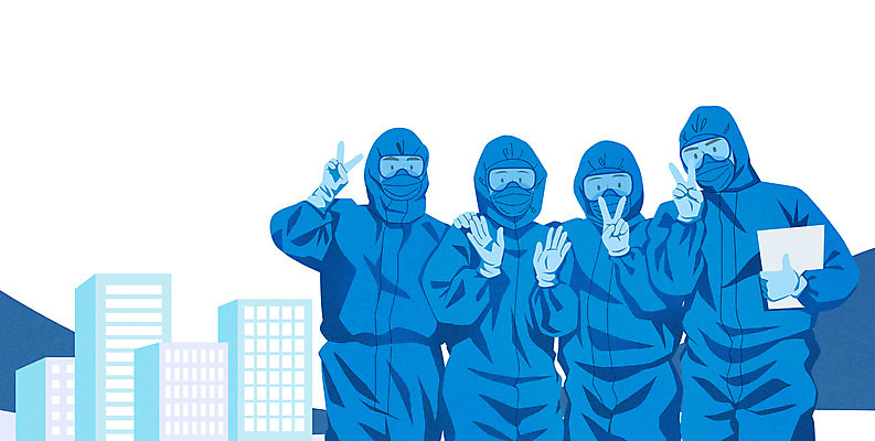 PSD 여자 남자 일러스트 들기 여러명 상반신 성인 건물 파란색 손들기 의료진 브이 성인만 코로나바이러스 방역복 팬데믹 델타변이바이러스 국내일러스트 직업 건축물 옷 컬러 다수 의학 모션 사람 손짓 바이러스 방역 파일형식