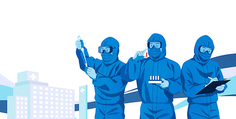 PSD 여자 남자 일러스트 병원 들기 상반신 성인 세명 파란색 환자 의료진 기록 시험관 서류판 성인만 코로나바이러스 방역복 팬데믹 백신개발 델타변이바이러스 국내일러스트 직업 옷 컬러 의학 모션 실험기구 사람 사무용품 바이러스 개발 방역 백신 파일형식