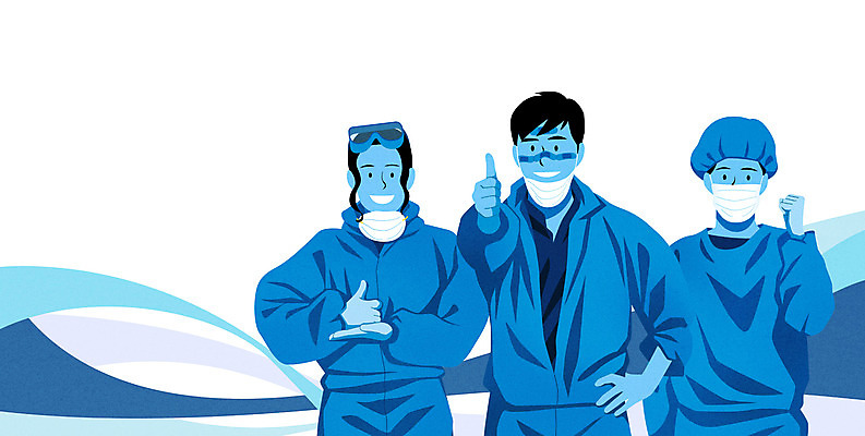 PSD 여자 남자 허리손 일러스트 마스크 웃음 상반신 성인 세명 파란색 파이팅 의료진 최고 성인만 코로나바이러스 방역복 팬데믹 덕분에챌린지 챌린지 델타변이바이러스 국내일러스트 직업 옷 캠페인 컬러 포즈 의학 모션 표정 사람 바이러스 방역 파일형식