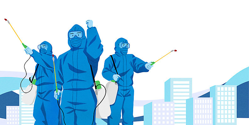 PSD 여자 남자 일러스트 들기 상반신 성인 건물 세명 파란색 파이팅 의료진 방역 성인만 코로나바이러스 방역복 방역사 팬데믹 방역기 델타변이바이러스 국내일러스트 직업 건축물 옷 컬러 의학 모션 사람 바이러스 파일형식