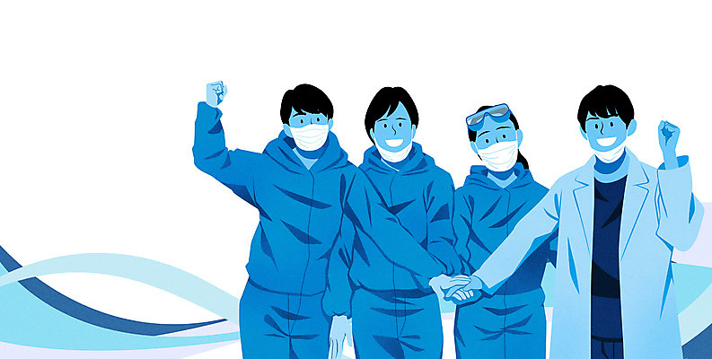 PSD 여자 남자 일러스트 마스크 미소 여러명 상반신 성인 파란색 파이팅 의료진 의사 손모으기 성인만 코로나바이러스 방역복 팬데믹 델타변이바이러스 국내일러스트 직업 옷 컬러 다수 의학 모션 표정 사람 손짓 바이러스 방역 파일형식