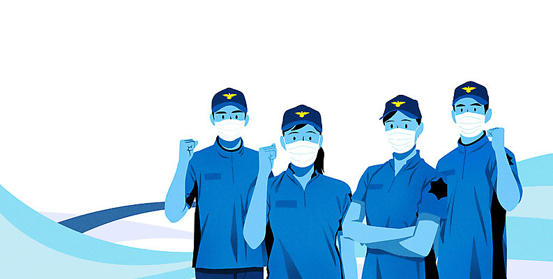 PSD 여자 남자 일러스트 마스크 여러명 상반신 성인 파란색 팔짱 파이팅 구급요원 성인만 코로나바이러스 팬데믹 델타변이바이러스 국내일러스트 컬러 다수 모션 사람 바이러스 파일형식