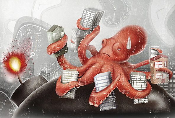 PSD 시계 일러스트 부동산 아파트 사람없음 건물 경제 회색 폭탄 사회이슈 문어 부동산시장 땀흘리기 국내일러스트 건축물 컬러 컨셉 연체동물 주택 수중동물 시장 재산 폭발물 파일형식