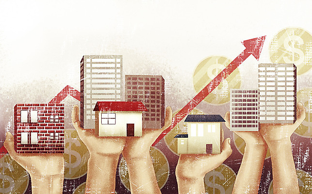 PSD 손 화살표 돈 일러스트 부동산 아파트 주택 들기 건물 신체부위 경제 회색 사회이슈 부동산투자 집값상승 국내일러스트 건축물 컬러 컨셉 모션 사람 재산 투자 상승 집값 파일형식